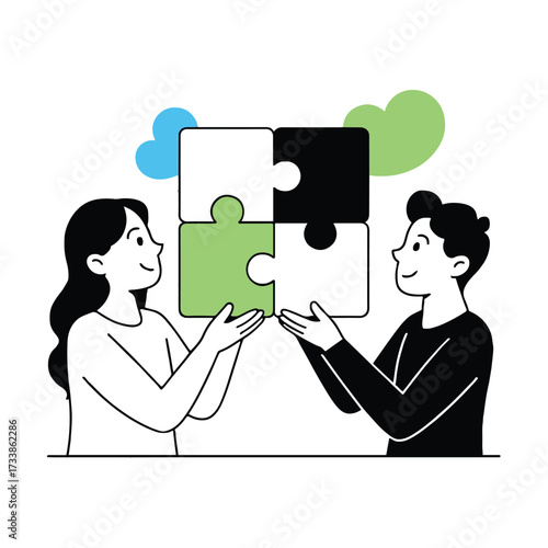 Vector art of two people are connecting puzzle pieces to create a solution they are working together to solve a problem