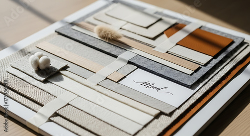 Interior design material samples for a modern aesthetic