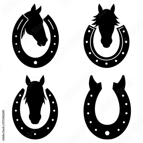 Four black horseshoe designs with horse head silhouettes in varying orientations and horseshoe styles present