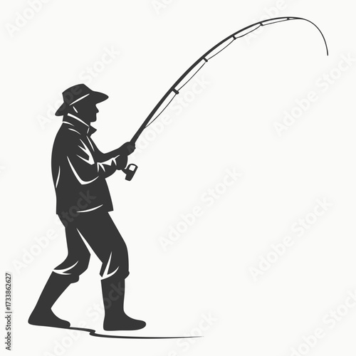 Fisherman Silhouette Holding Bent Fishing Rod reel