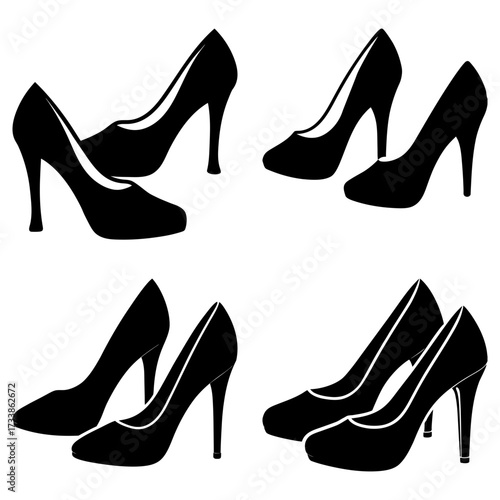 Four sets of black high heel shoes arranged in a grid pattern on a white isolated background image