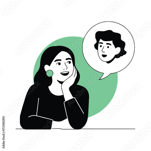 Vector art of a woman is thinking about a man, she is wearing a black shirt and green earrings, and she is smiling happily at the thought of him