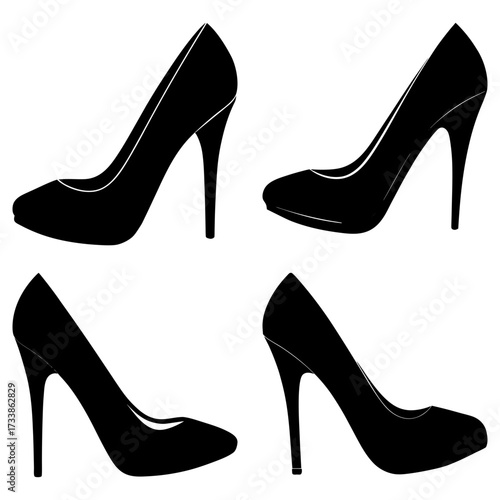Four black high heel shoes arranged in a square pattern on a white background in a stylish composition