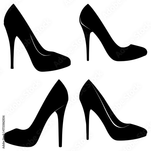 Four black high heel shoes arranged in a square pattern against a white background perfectly isolated