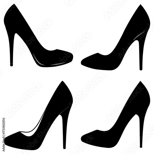 Four black high heel shoes arranged in a square pattern on a white background showcasing fashion style