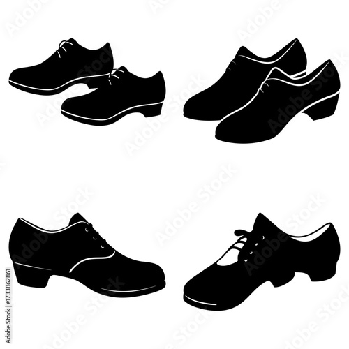Silhouette illustration showcasing four pairs of elegant dress shoes in a symmetrical arrangement style
