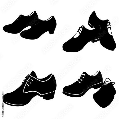 Four pairs of black leather shoes with laces and heels arranged on a white background in a pattern