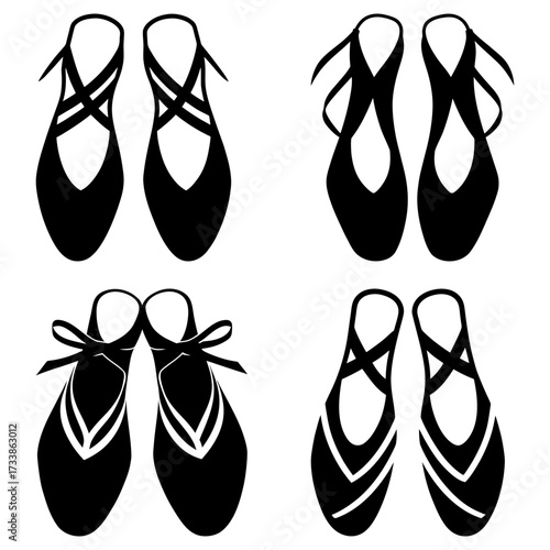 Four pairs of ballet shoes in black silhouette with different strap and ribbon configurations shown