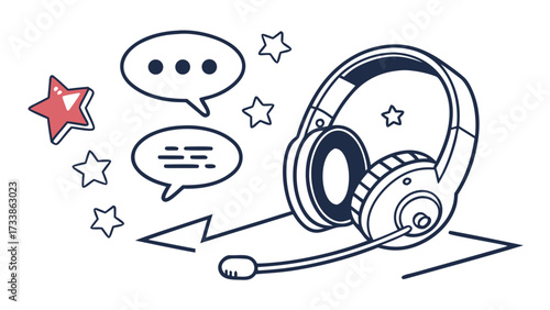 Headphones with speech bubbles and stars on white background