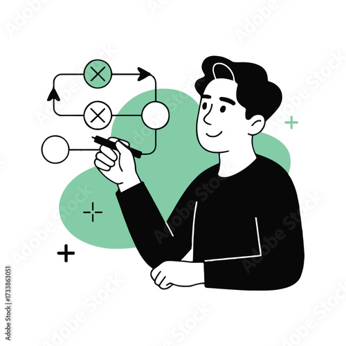 Vector art of a man is drawing a flowchart on a whiteboard, he is wearing a black shirt and he is smiling as he plans his strategy