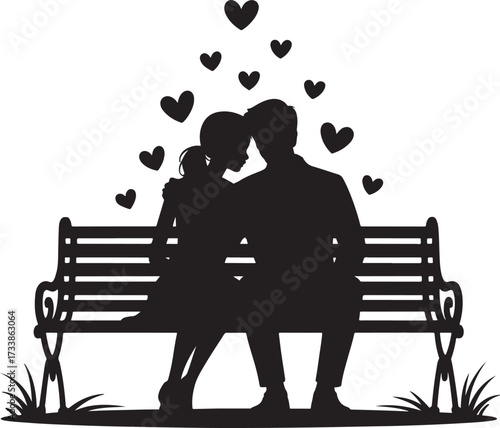 Romantic silhouette of couple sitting on park bench with hearts above, black and white love illustration for design use.