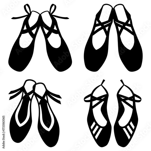 Four pairs of black ballet shoes with ribbons in various styles isolated on a white background vector art