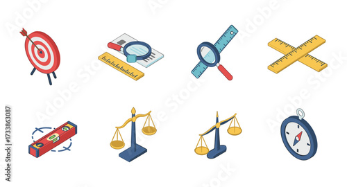 Measurement tools collection with isometric style and colorful design elements