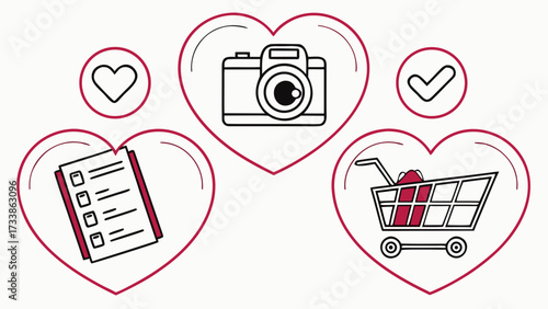 Heart icons with camera checklist and shopping cart