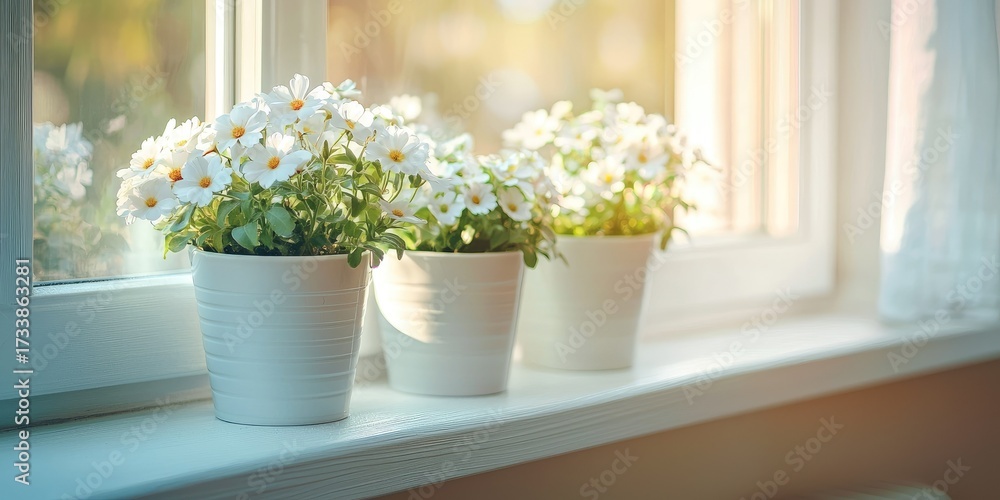 Fototapeta premium Three white daisies in white pots on a windowsill with sunlight streaming in.