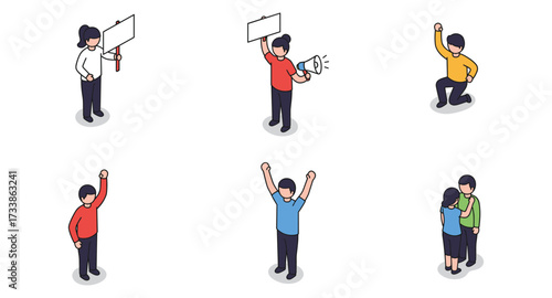 Isometric protesters and activists with signs and megaphones