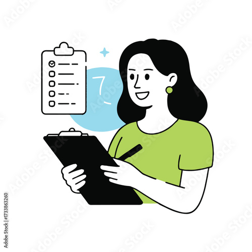 Vector art of a woman is holding a clipboard and writing on it, with a checklist in the background she is smiling and looks happy