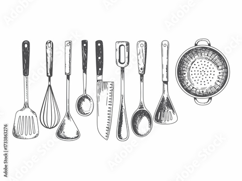 Hand Drawn Kitchen Utensils Illustration with Spatula Whisk and Knife for Cooking Prep Isolated on White Background