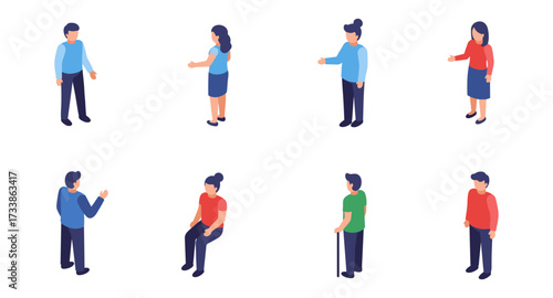 Diverse isometric characters in various poses set against a white background