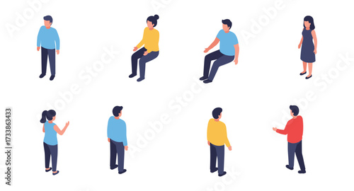 Isometric people characters in various poses and casual outfits on white background