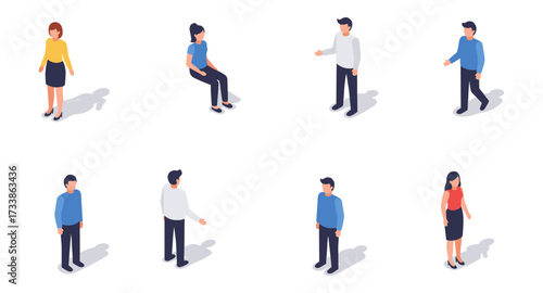 Diverse isometric characters engaging in casual conversations and activities