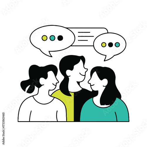Vector art of three women are talking to each other, with speech bubbles above their heads they are smiling and look happy