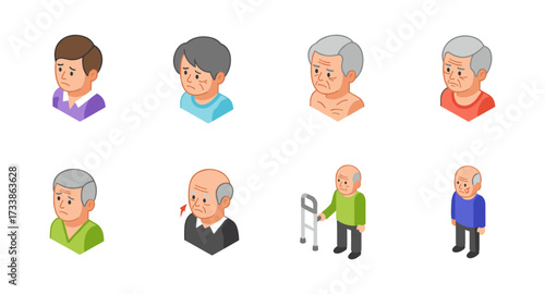 Isometric elderly male characters in casual outfits and various expressions