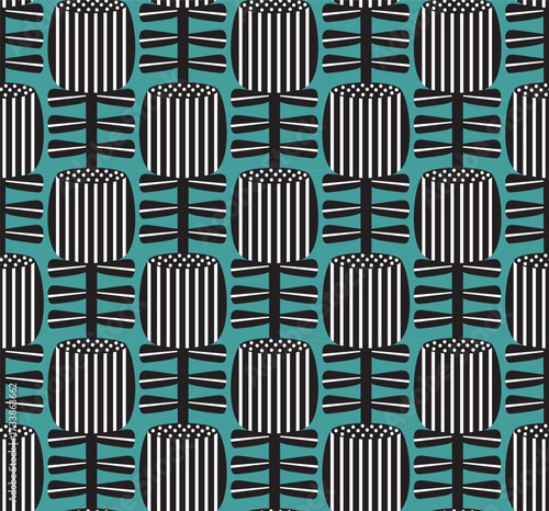 modern abstract geometric australian bottlebrush plant flowers in black white on teal background seamless pattern, vector illustration repeat design print