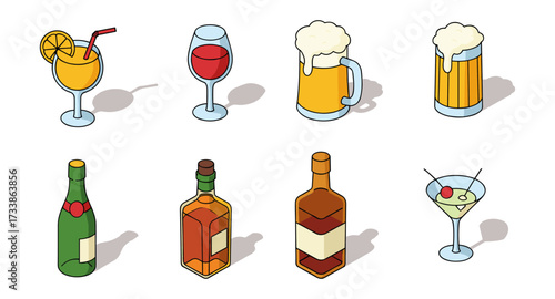 Isometric beverage icons: cocktails, wine, beer, and spirits collection