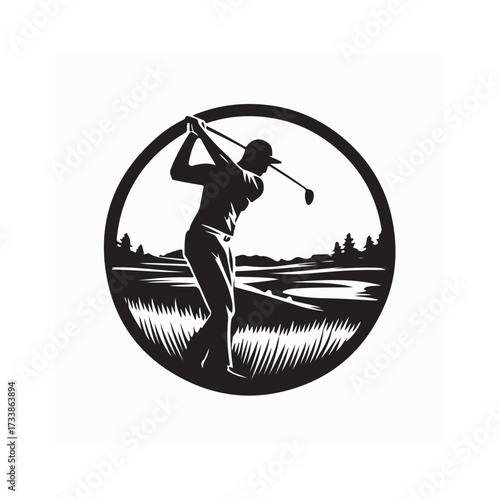 Silhouette of Man Playing Golf in Lush Field Vector Illustration