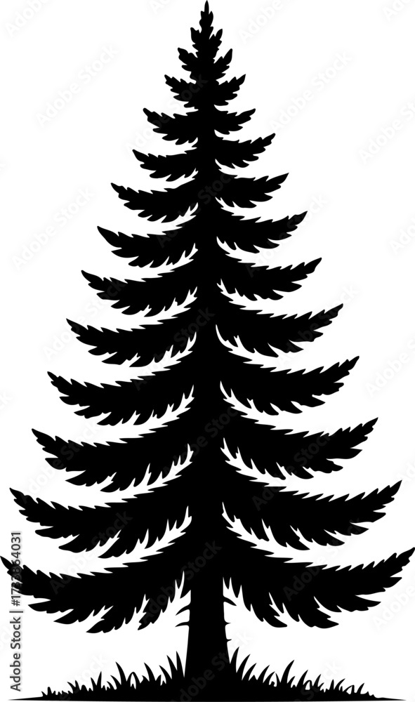 Obraz premium Elegant evergreen pine tree silhouette illustration, ideal for nature-themed graphic design projects and seasonal decor