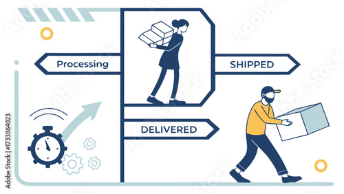 Logistics process flow with people and packages delivery