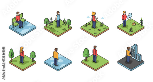 Isometric people in various outdoor activities and urban settings