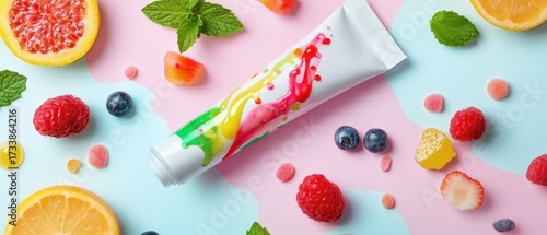 Colorful fruit-flavored dental care product.