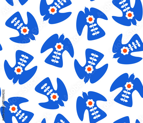 cute boho floral blue scandi folk art flying birds seamless pattern, vector illustration repeat design print