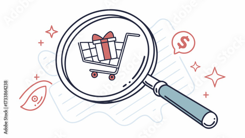 Magnifying glass over shopping cart with gift and dollar sign