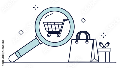 Magnifying glass over shopping cart with shopping bag and gift