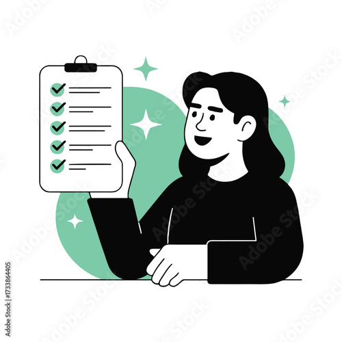 Vector art of a woman is holding a clipboard with checkmarks, representing a completed task or successful project, she is smiling and looking satisfied