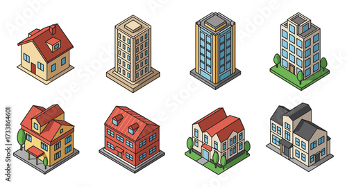 Isometric collection of diverse residential and commercial buildings