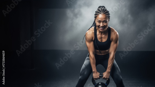 Wallpaper Mural A strong athletic woman smiles during a kettlebell workout in a dark gym. Muscular female athlete exercising with weights. Fitness and strength training concept with copy space Torontodigital.ca