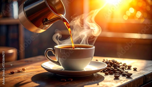 Aromatic brew being poured from a silver pot into a ceramic cup with a saucer on a wooden surface; sunlight