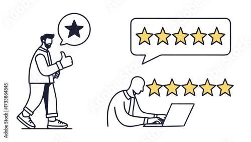 Man giving thumbs up next to five star rating and man typing on laptop