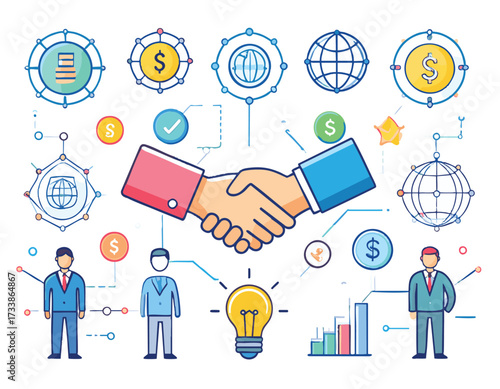 Illustration concept of a successful global business partnership, featuring a central handshake surrounded by financial and innovation icons