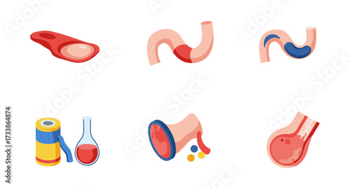 Medical icons of human stomach and digestive system in flat design