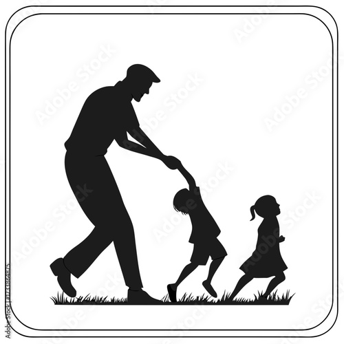 Man holding hands with two children walking on grass