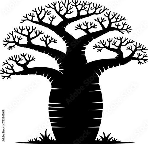 Striking black silhouette illustration of a majestic baobab tree, showcasing its unique, leafless winter form and sturdy trunk, set against a clean background