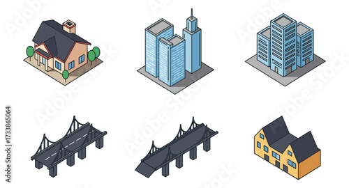 Isometric urban elements set with buildings and bridge designs