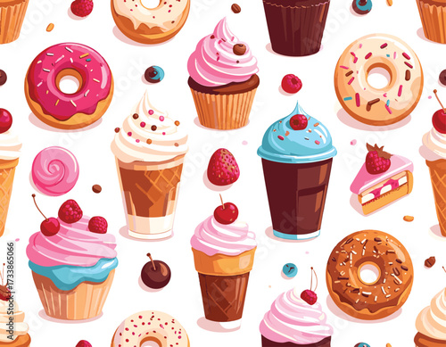 Delicious Dessert Delight A Colorful, Sweet Treat Pattern with Donuts, Cupcakes, and Ice Cream