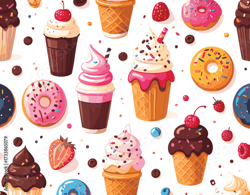 Colorful assortment of sweet desserts, including ice cream cones, donuts, and cupcakes, on a white background