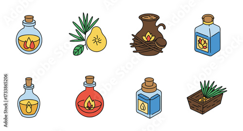 Aromatherapy bottles with fruits, spices, and leaves in modern outline style